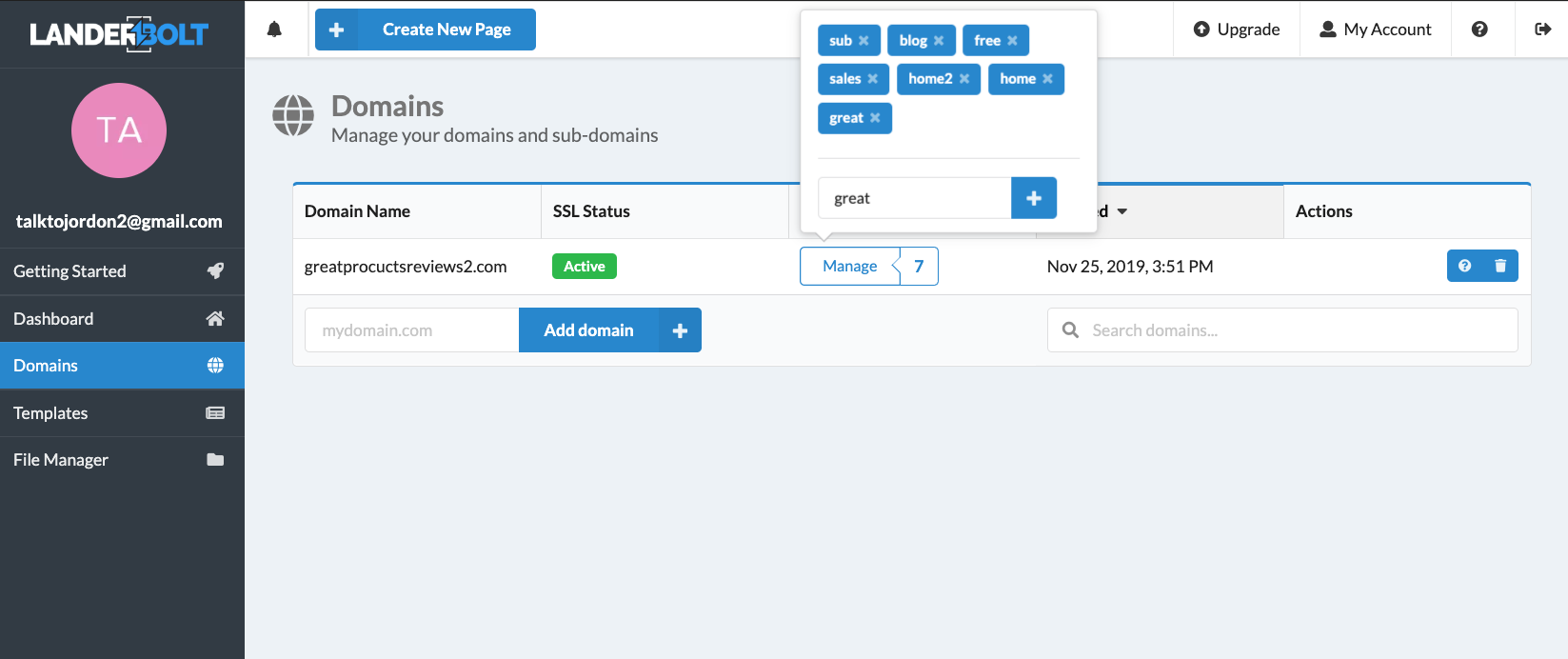 LanderBolt domains and sites dashboard