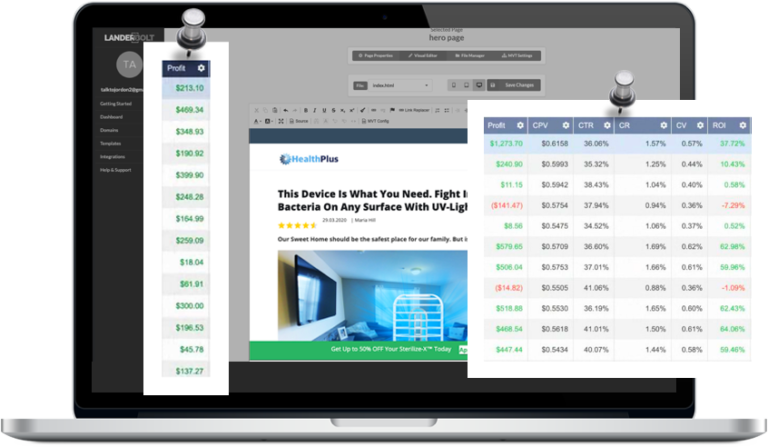 LanderBolt dashboard with landing page and analytics